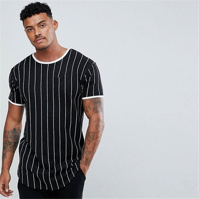New tshirt Men Stripe printed T shirt Fashion stitching O-neck Short-sleeved Slim Fit Black army green t shirt men